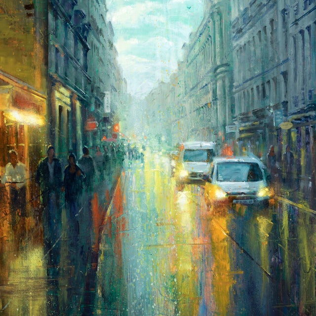 Paris Rainy Cafe by Christopher Clark | Oil and Acrylic on Wood Panel City street scene in rain For Sale