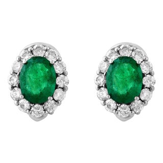 6 Carat Oval Shape Emerald & 2 Ct Diamond Post Back Earrings 14 Karat White Gold For Sale