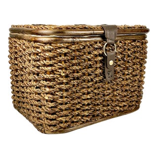 1980s Vintage Boho Chic Arts & Crafts Coastal Woven Jute Wicker & Bentwood Storage Lidded Basket For Sale