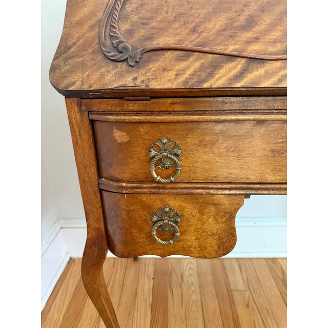 Wood Antique French Provincial Tiger Maple Slant-Front Secretary Desk For Sale - Image 7 of 13