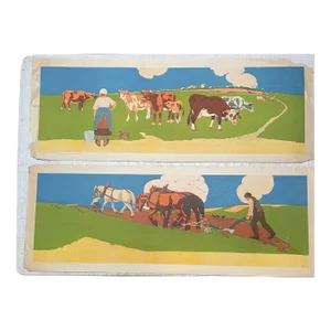 Original Antique Roger Chapelet Horses & Cows Farming Fernand Nathan Lithographs