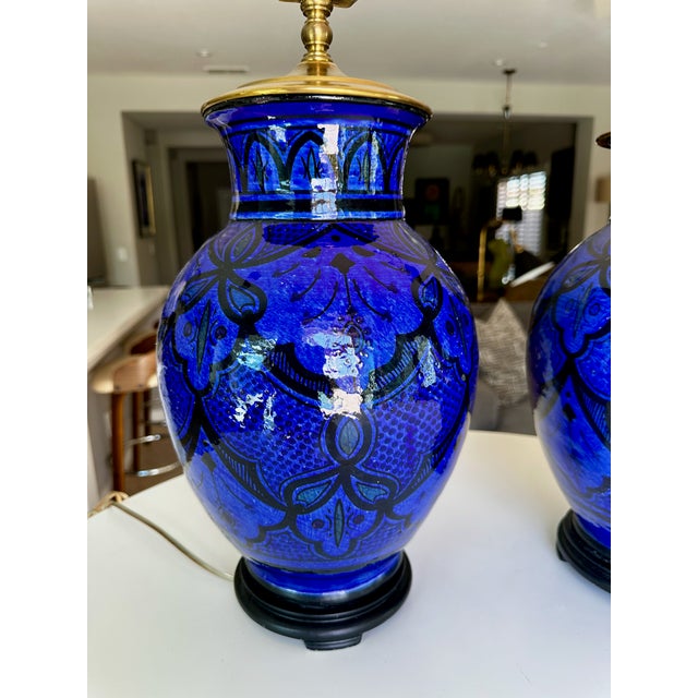 Pair of Vintage Mid-Century Moorish Safi Hand-Painted Cobalt Ceramic Table Lamps For Sale - Image 14 of 17