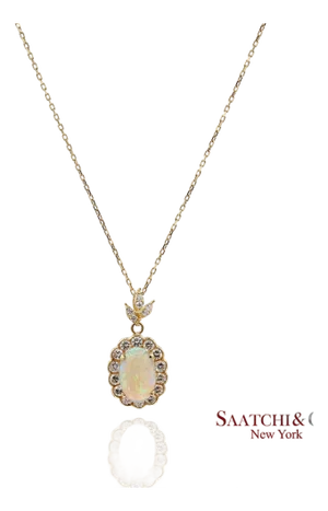 18k 750 Solid Yellow Gold Natural Diamond and Natural Opal Pendant Necklace