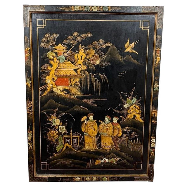 Antique Chinoiserie Black Lacquer Decorative Panel with Gilt Figures, 1950 For Sale - Image 6 of 6