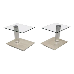 Lion In Frost Lucite And Travertine Swivel Top Side Tables 1970's Modern - A Pair