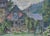 Wonderful naive painting of a chalet with clock tower by Milford Jacksonartist. Signed lower left illegibly "Milford...