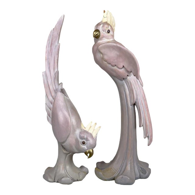 Vintage Art Deco Life Sized Cockatiel Parrot Bird Wood Sculpture - a Pair For Sale