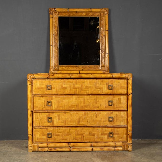 Mid 20th Century French bamboo and woven rattan wide framed mirror. In good condition - some wear consistent with age....