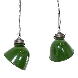 Green Enamelled Cast Top Pendant Lamps from GEC, 1940s, Set of 2 For Sale