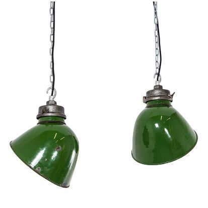 Green Enamelled Cast Top Pendant Lamps from GEC, 1940s, Set of 2 For Sale