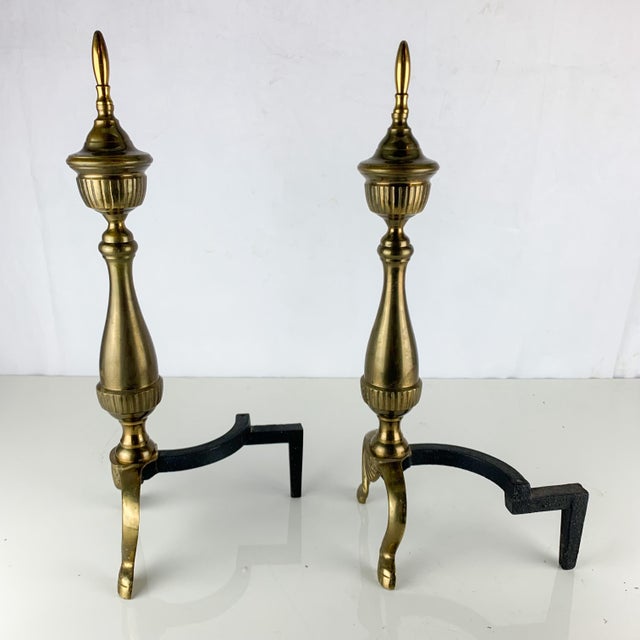 Vintage Pair Federal Hollywood Regency Style Brass & Iron Andirons Fire Dogs For Sale - Image 4 of 6