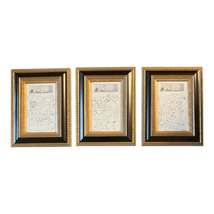 Contemporary 3 Original Wayne Cunningham Abstract Ink Drawings Framed-Set of 3