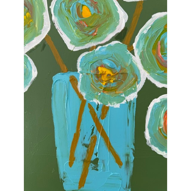Green Modern Abstract Floral Acrylic Painting – Teal Flowers on Green Canvas For Sale - Image 8 of 8