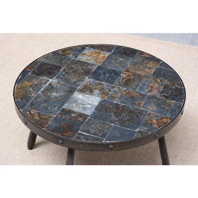 1970s French Brutalist Round Side Table in Wrought Iron and Slate, 1970s For Sale - Image 5 of 13