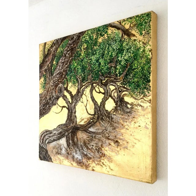 "The Mastic Trees Embrace" is a stunning, elegant painting depicting lush green branches intertwining and embracing,...