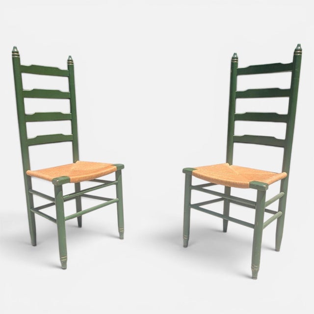 Vintage Rustic Farmhouse Green Ladderback Chairs With Rush Seats- A Pair For Sale - Image 13 of 15