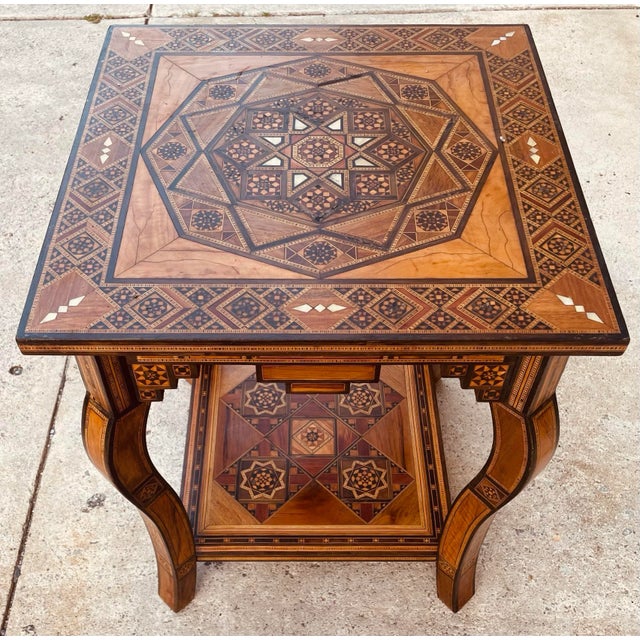Mid 20th Century Moorish Mother of Pearl Wood Marquetry Inlay Occasional Side Square Tea Table For Sale - Image 9 of 12