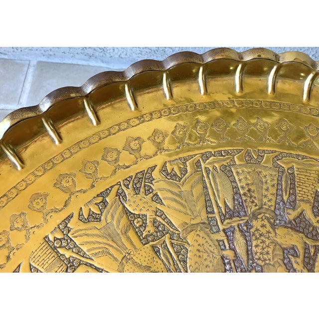 Mid 20th-Century Persian Qajar-Inspired Design Brass Chased & Repoussé Charger Tray Top Accent or Coffee Table For Sale - Image 14 of 17