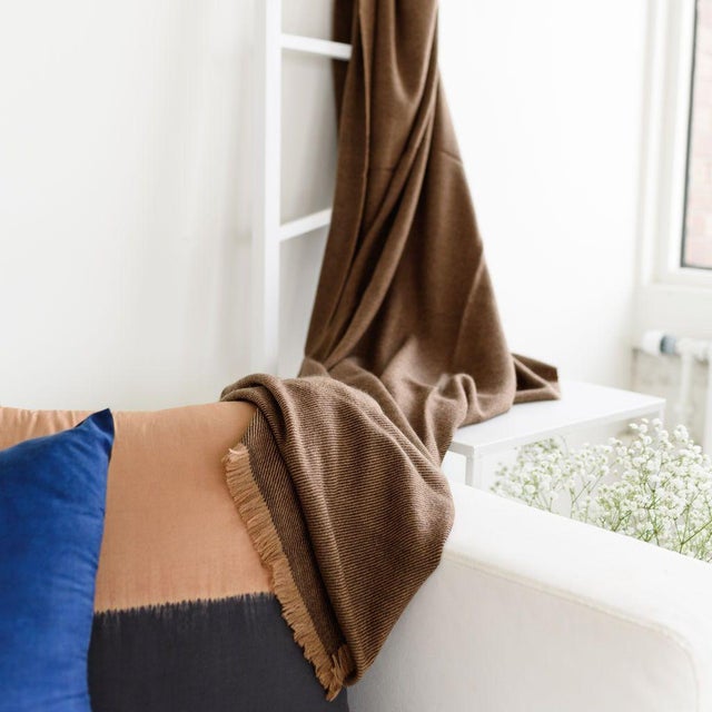 Textile Contemporary Studio Variously Handwoven Merino Dark Brown, Ochre Shade Twill Hay Throw For Sale - Image 7 of 9