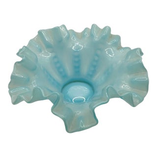 Vintage Blue Opalescent Glass Ruffled Bowl by Fenton For Sale