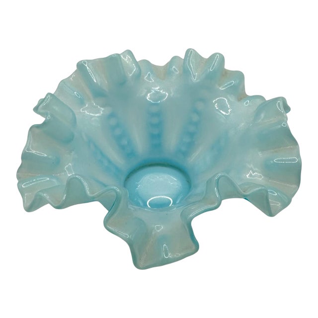 Vintage Blue Opalescent Glass Ruffled Bowl by Fenton For Sale