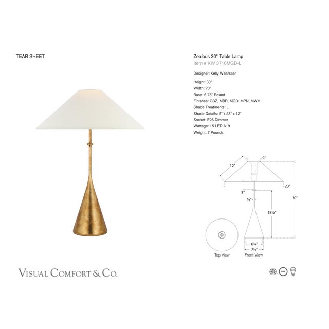 Kelly Wearstler by Visual Comfort Signature Zealous 30" Table Lamp in Museum Gild with Linen Shade Designer: Kelly...