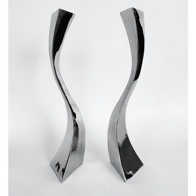 Sculptural Hand-Made Stainless Steel Freeform Candlesticks by Curtis Norton For Sale - Image 4 of 9