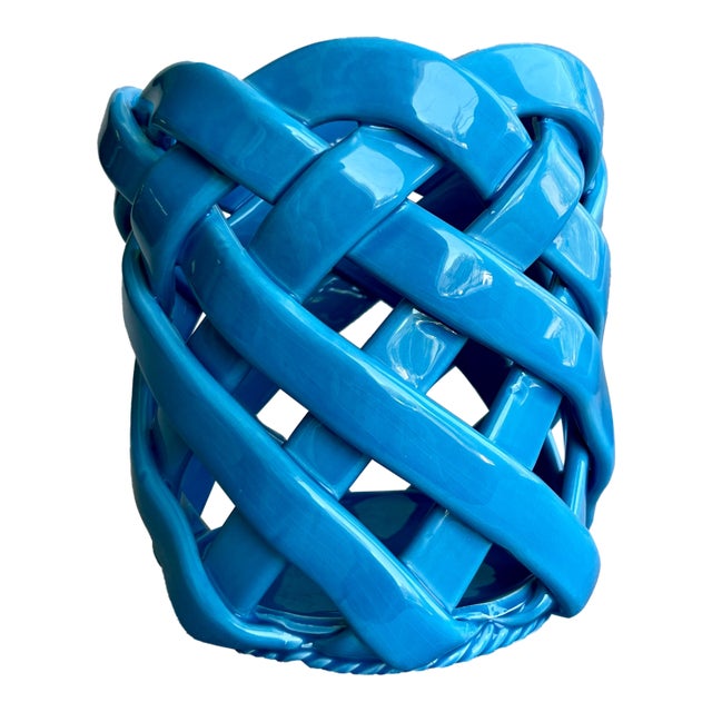 Vintage Blue Primo' Gi Cermaic Woven Basket For Sale