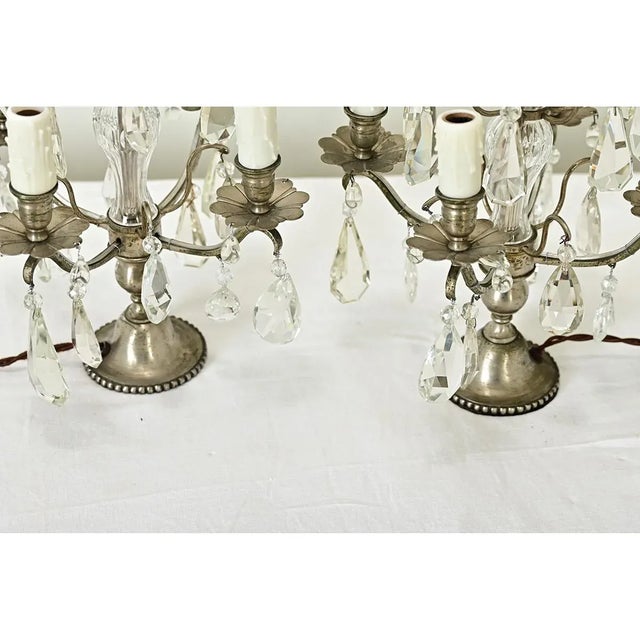 French 19th Century Pair of Crystal Girandole Table Lamps For Sale - Image 4 of 12