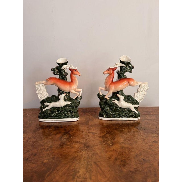 Black Large 19th Century Antique Staffordshire Deer Spill Vases, Set of 2 For Sale - Image 8 of 9