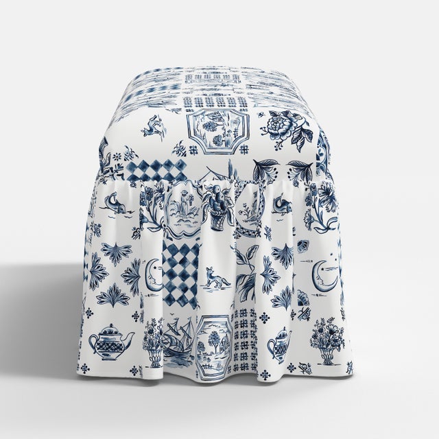 Not Yet Made - Made To Order Nia Ruffle Dining Bench in Delft Print For Sale - Image 5 of 6