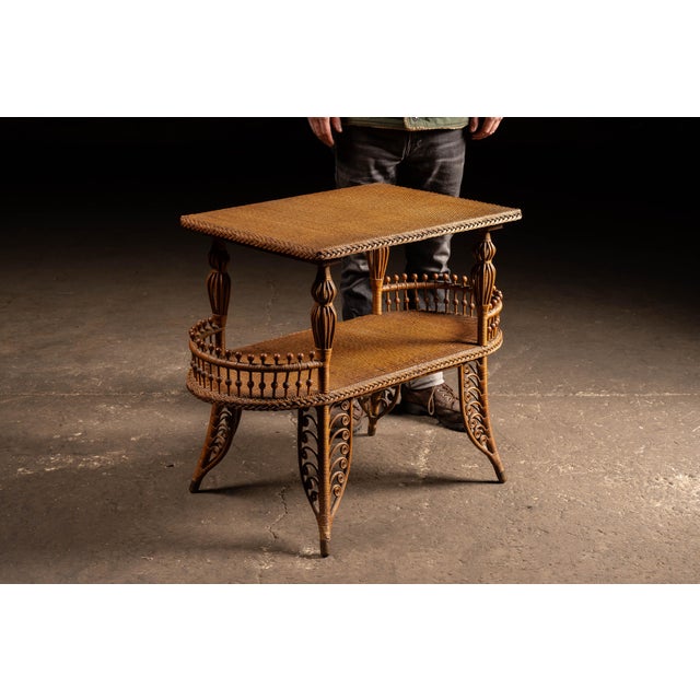 c. 1890s-1900s; (likely)Heywood Brothers & Wakefield Company - Gardner, MA Double-tier wicker parlor table featuring a...