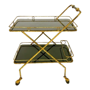 1980s Hollywood Regency Italian Gilt Metal and Black Glass Bar Cart