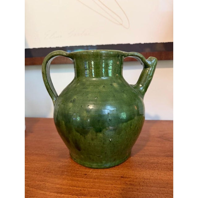 Farmhouse French Antique Pottery Green Glaze Ceramic Jug Earthenware Confit Vessel Cruche For Sale - Image 3 of 6