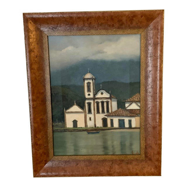 Vintage Mid-Century Brazilian Painting Signed f.t. Gobo - Santa Rita, Paraty, Brazil For Sale