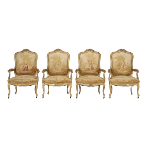 Antique French Louis XV Style Arm Chairs in Original Fabric and Gilt Frames