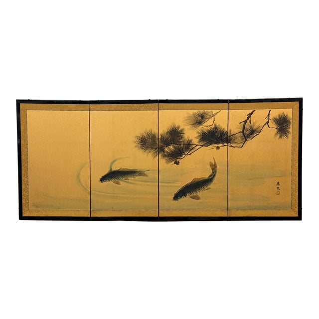 Hand Painted Asian Koi Fish Folding Screen For Sale