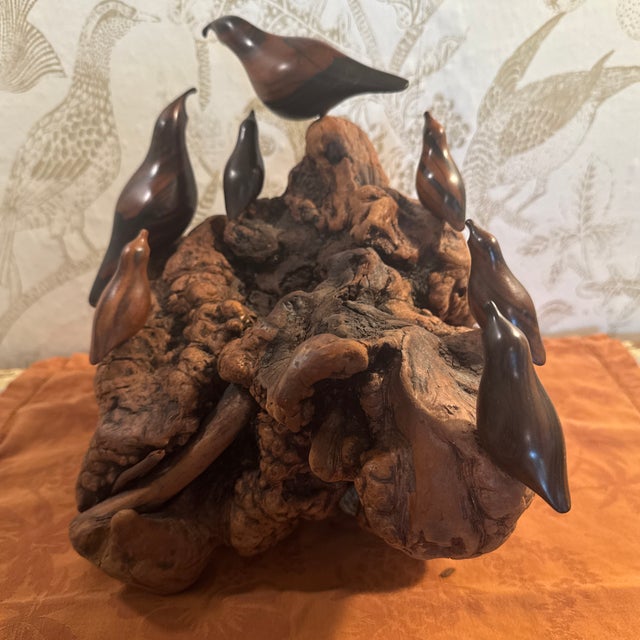 Wood Vintage 7 Wooden Birds on Carved Burl Wood Sculpture For Sale - Image 7 of 12