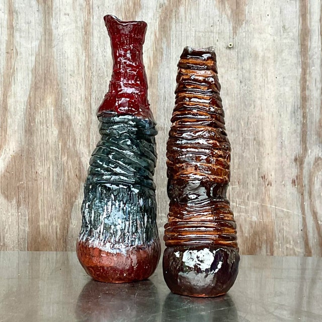 Coffee Vintage Boho Signed Hand Made Studio Pottery Vases - a Pair For Sale - Image 8 of 12