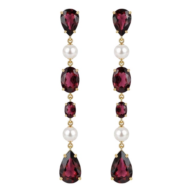 Garnet & Pearl Drop Multi-Shape Earrings, Silver, Gold, Pair For Sale