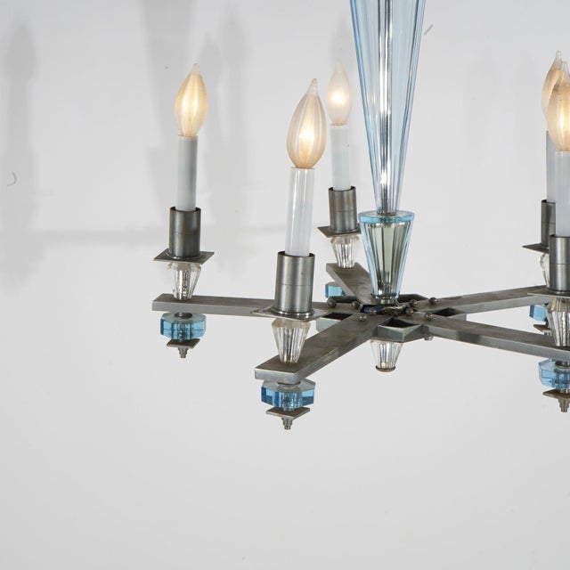 Mid-Century Modern Art Deco Mid Century Modern Chrome & Aqua Blue Glass Five-Light Chandelier C1950 For Sale - Image 3 of 9