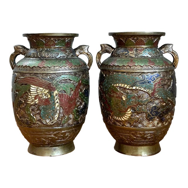 Vintage Asian Cloisonné Urns - A Pair For Sale