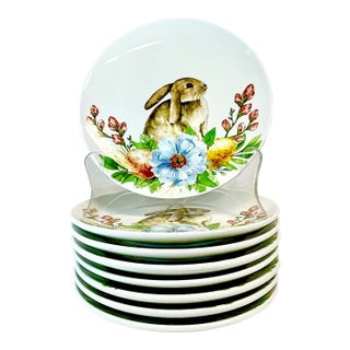 1990s Vintage Shabby Boho Chic Bunny Salad Plates - Set of 8 - Easter. For Sale
