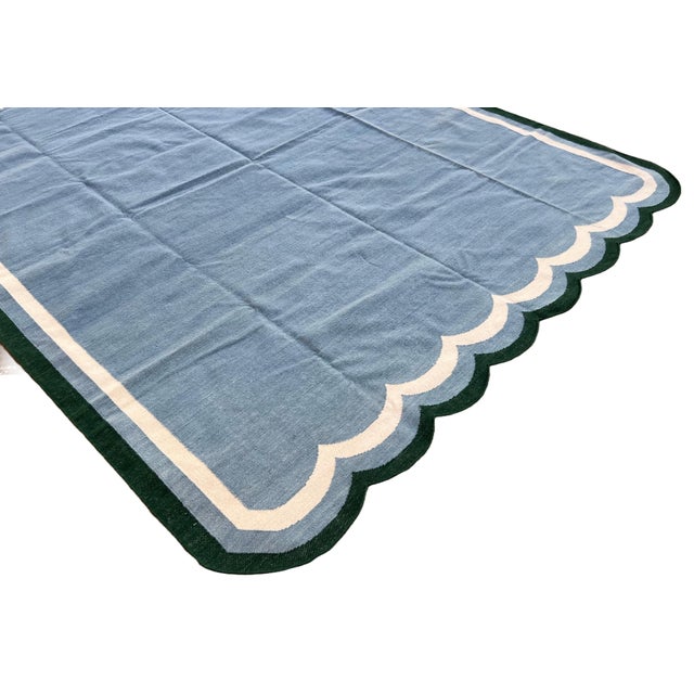 Handmade Woolen Scalloped Rug, Blue With Cream and Forest Green Border - 9'x12' For Sale - Image 6 of 10