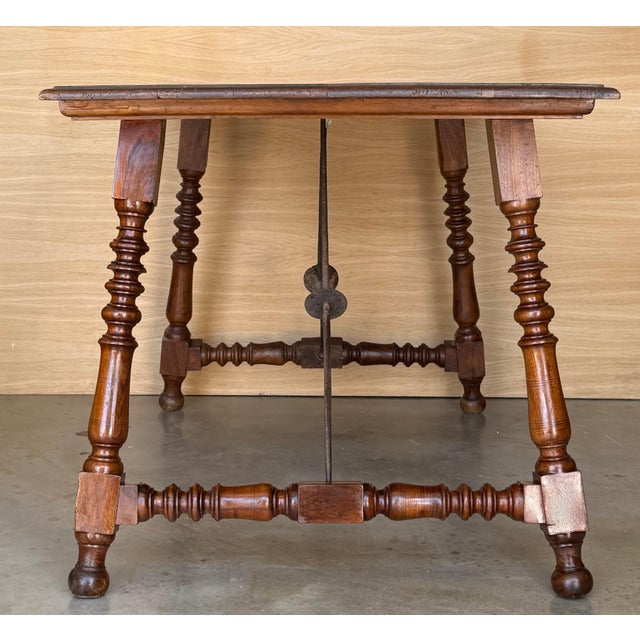 Wood 19th Spanish Sturdy Side Table with Carved Turned Legs and Double Stretcher For Sale - Image 7 of 18