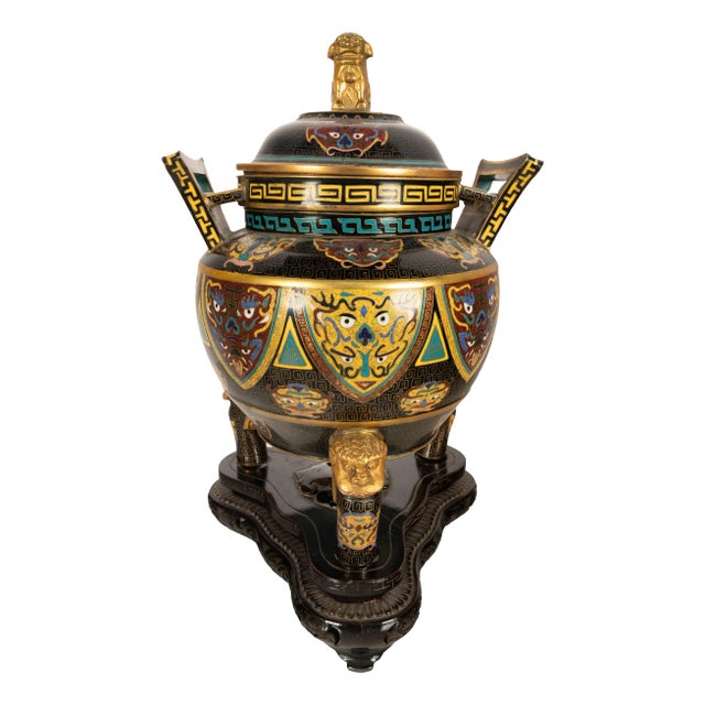 Antique Chinese Qing Dynasty Cloisonne Censer Ding Lidded Incense Burner 1870 For Sale