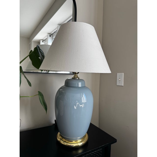 1970s Vintage Pair 1970s Ceramic Table Lamps Powder Blue Ginger Jar Brass Base MCM For Sale - Image 5 of 7
