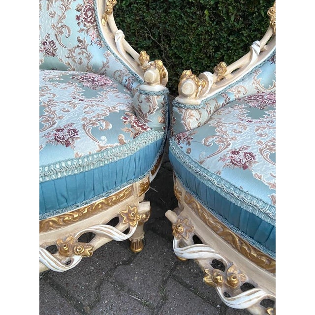 1970 Louis XVI White Beech Turquoise Lounge Chairs-Pair For Sale - Image 4 of 12