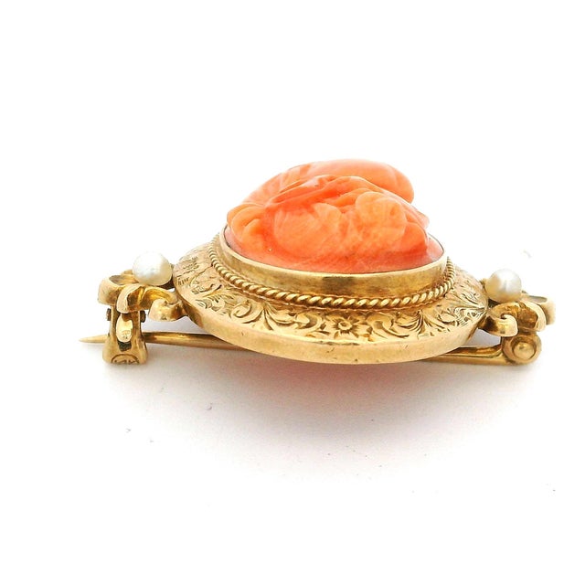 Late 19th Century Late 19th Century Victorian Hand-Carved Mediterranean Coral Cameo Brooch in 14k Gold With Seed Pearls For Sale - Image 5 of 13