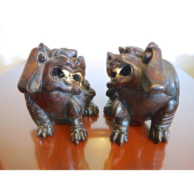 Early 20th Century Hand Carved Wooden Foo Dogs- a Pair For Sale - Image 5 of 6